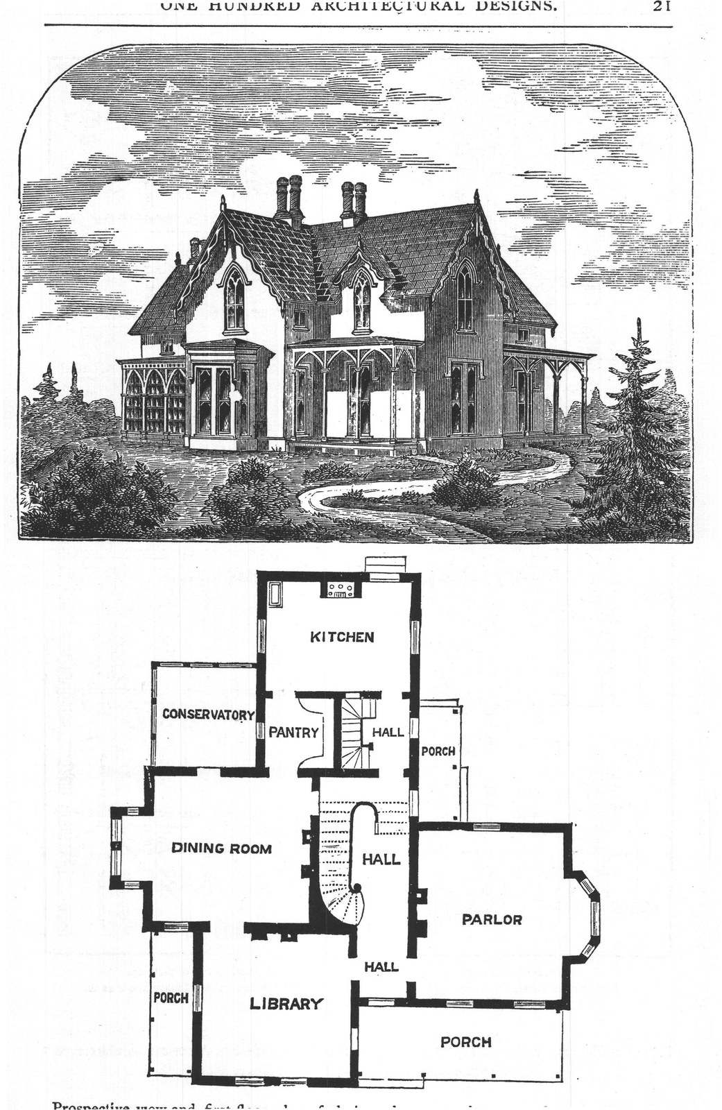 Prospective view and first floor plan of design shown on plates 3 and 4, of "Bicknell's