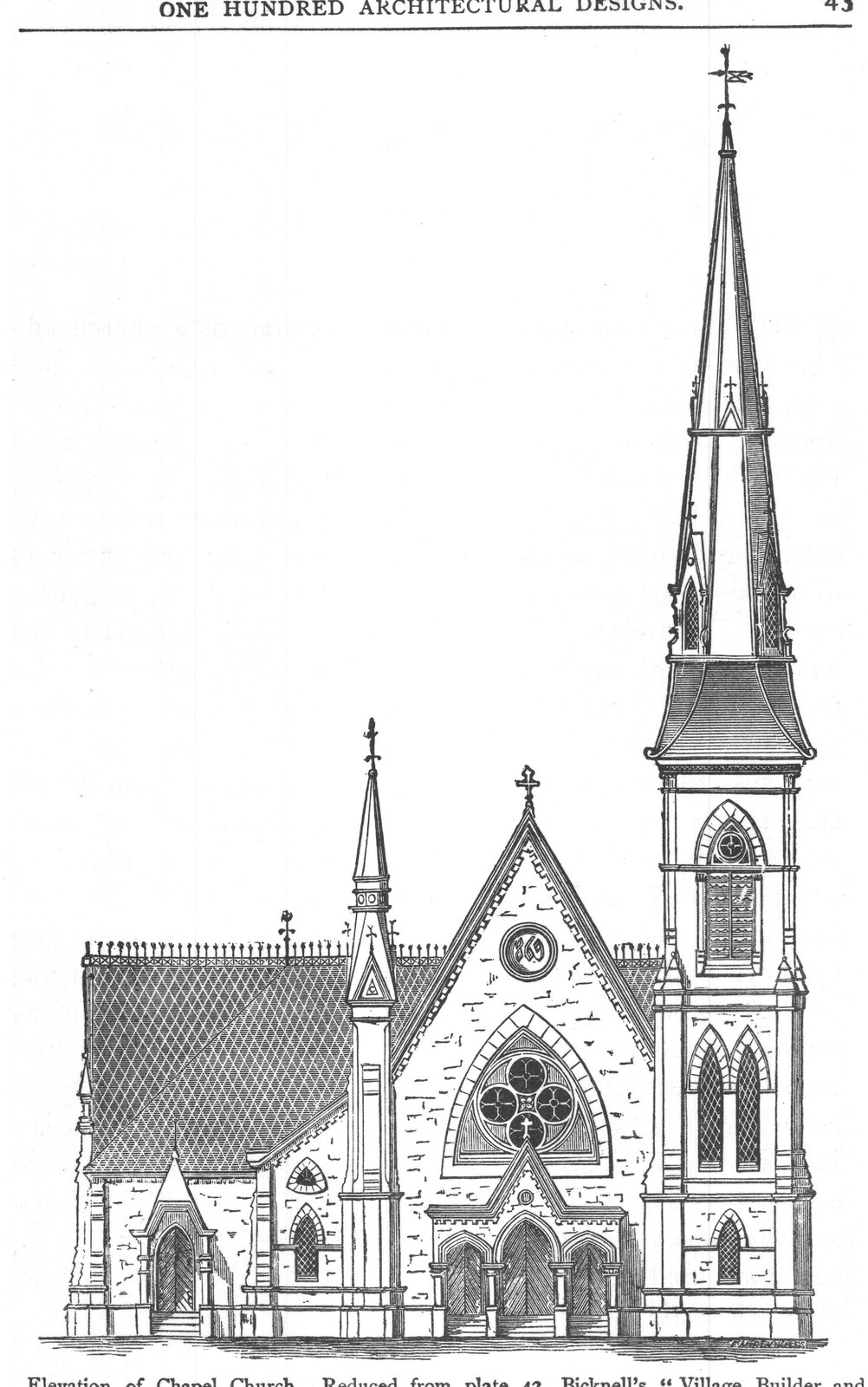 Elevation of Chapel Church. Reduced from plate 42, Bicknell's "Village Builder and