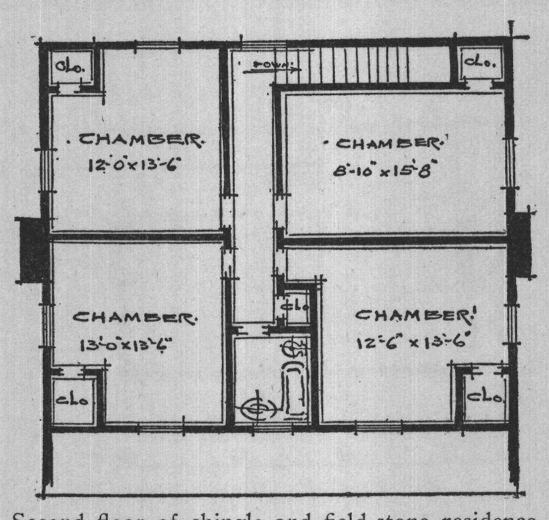 Second floor of shingle and field-stone residence.