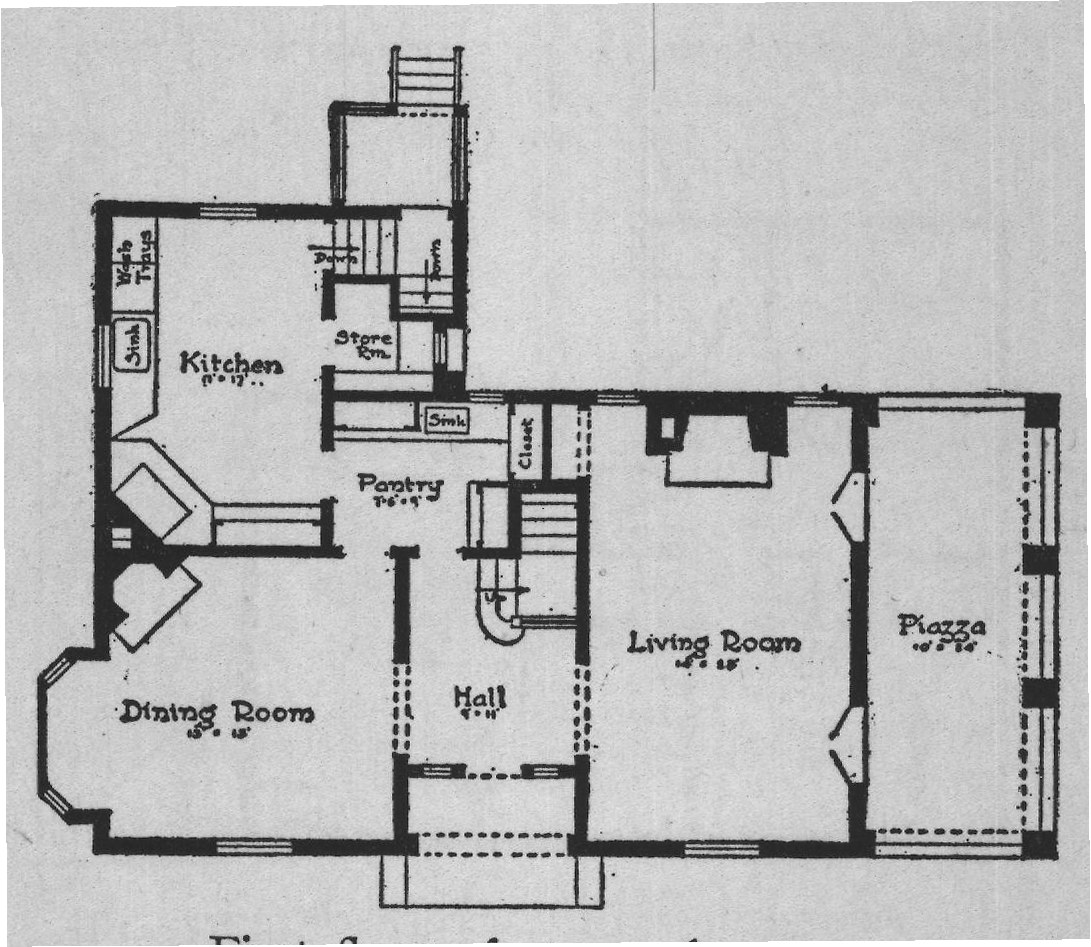 First floor of stuccoed cottage.