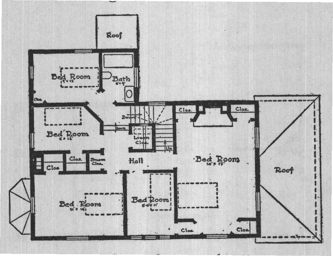 Second floor of stuccoed cottage.
