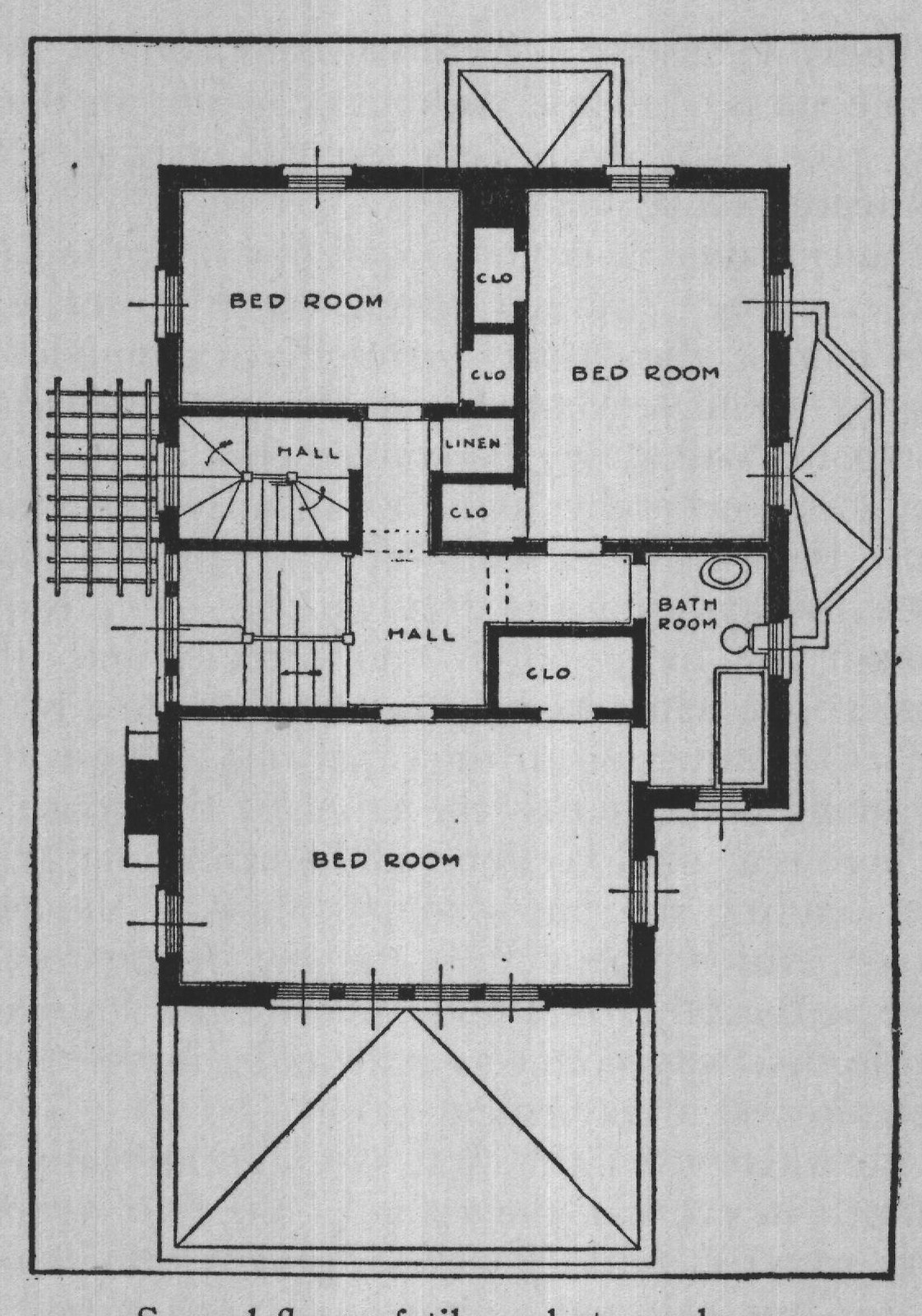 Second floor of tile and stucco house.